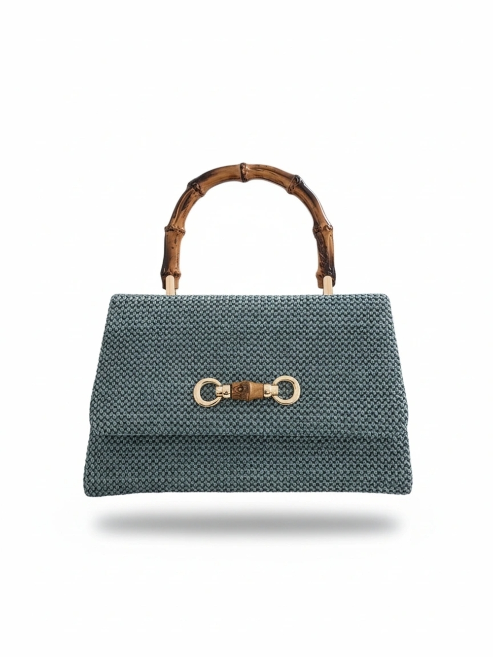 Woven Top-Handle Satchel in Teal with Bamboo Handle - Picture 2 of 3